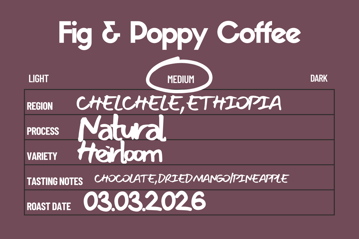 Ethiopia Dry Process Chelchele Shitaye Abebe-Medium Roast (4 oz)