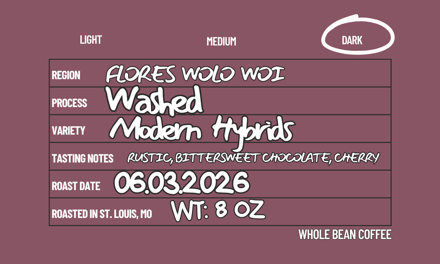 Flores, Wolo Woi- Washed (Dark roast) 4 oz
